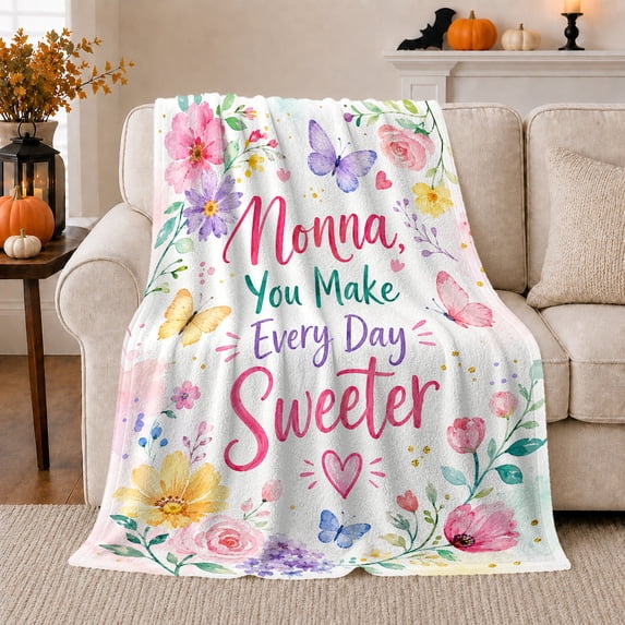 Nonna Sweeter Quote in Cheerful Watercolor Style for Nonna Families, Rose Sunflower Butterfly Scene, Cozy Flannel Blanket for Bedroom and Living Room, Mother's Day Gift, Grandma Home Decor