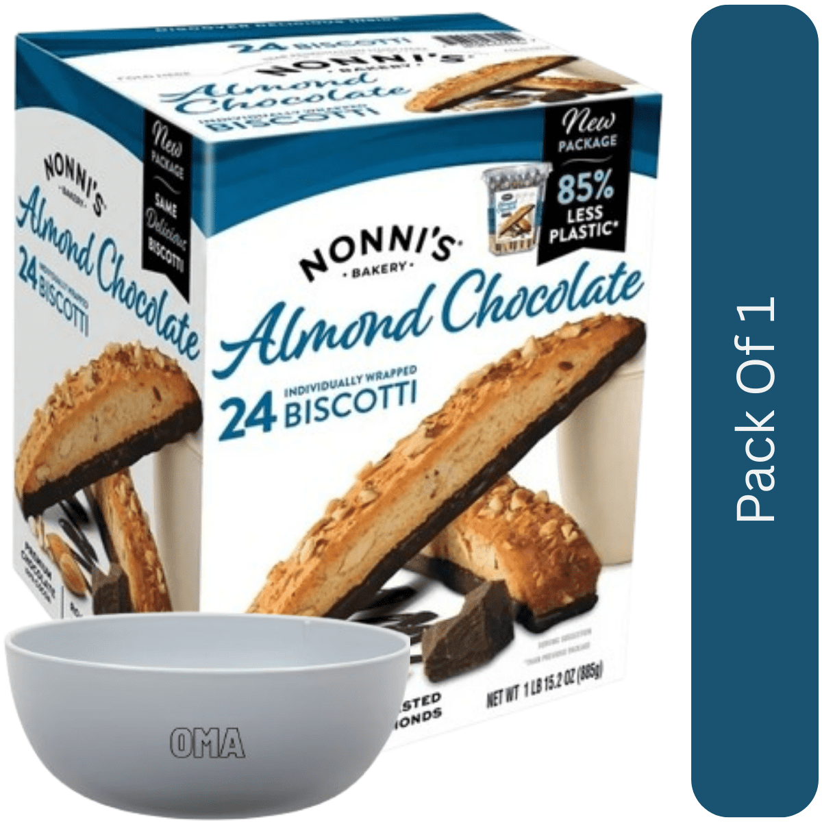 Nonni's Almond Chocolate Biscotti Cookies, 24 Count Box With White Bowl By OMA