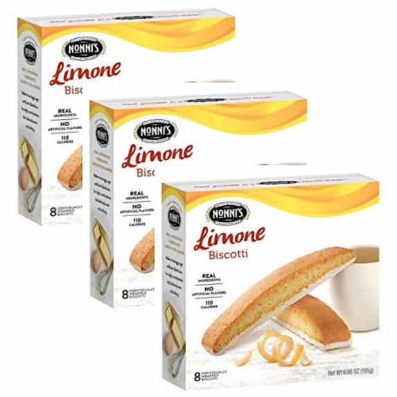 Nonni's Biscotti Limone 3 Boxes of 8 Individually Wrapped Biscotti and Imperial Carrying Bag With 3 Biscotti, 27 Total