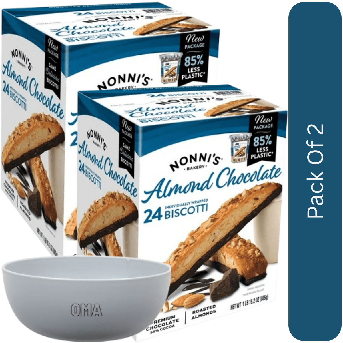 Nonni's Chocolate Dipped Almond Biscotti, 24 Individually Wrapped Cookies With White Bowl By OMA