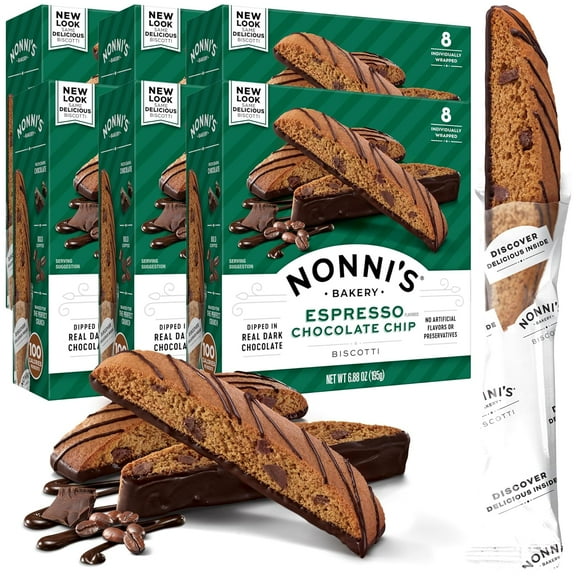Nonni's Espresso Chocolate Chip Biscotti Cookies - 6 Boxes Espresso Coffee Cookies - Espresso Chocolate Chip Cookies w/Dark Chocolate - Italian Biscotti Individually Wrapped Cookies - 6.88 oz