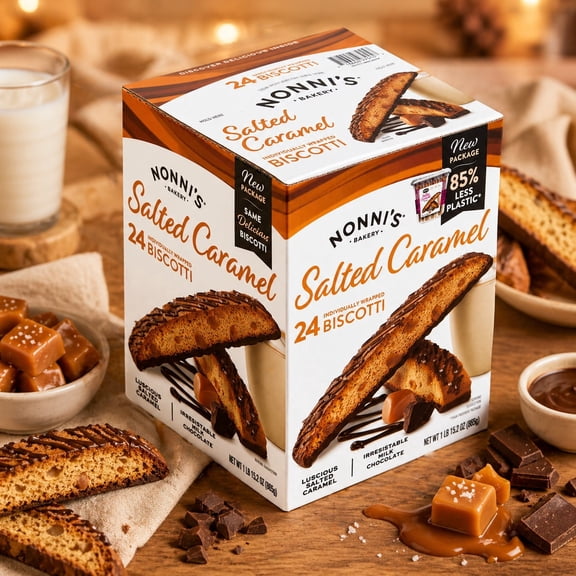 Nonnis Salted Caramel Biscotti Cookies, Milk Chocolate Dipped, Crunchy Italian Biscotti Snack, 24 Count