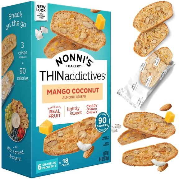 Nonni's THINaddictives Almond Thin VTF5Cookies - Mango & Coconut Biscotti Thins - Sweet Crunchy & Chewy Almond Cookies - Biscotti Individually Wrapped Cookies - Kosher Coffee Cookies 4.4 oz