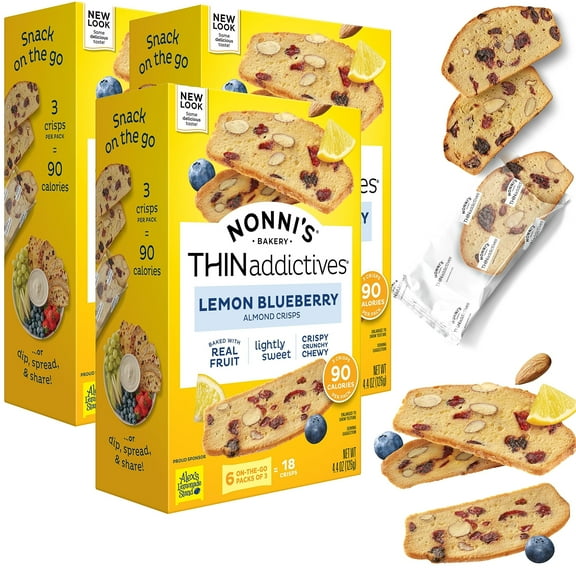 Nonni's THINaddictives Almond Thin IFF17 Cookies - 3 Boxes Blueberry Cookie Thins - Almond Cookies - Sweet Crunchy & Chewy - Biscotti Individually Wrapped Cookies - Kosher Coffee Cookies - 4.4 oz