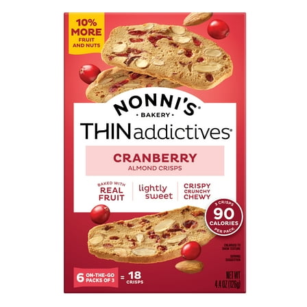 Nonni's THINaddictives Cranberry Almond Thin Cookies, 18 Count - 6 packs of 3 Cookies, 4.4 oz. Individually Wrapped. Artisan Baked.