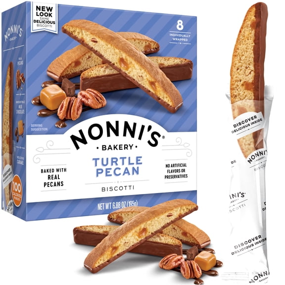 Nonni's Turtle Pecan Biscotti HHA1Italian - Caramel Pecan Dipped in Milk Chocolate - Butter Pecan Biscotti Individually Wrapped - All Natural Ingredients - Kosher - 6.88 oz