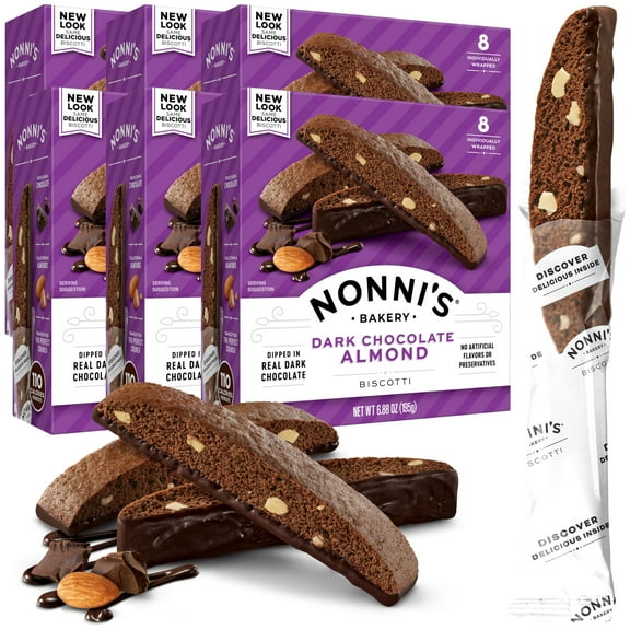 Nonnis Dark Chocolate Almond Biscotti Italian Cookies - 6 Boxes Dark Chocolate Cookies - Biscotti Individually Wrapped Cookies - Italian Biscotti Cookies W/Bittersweet Chocolate & Almonds - 6.88 Oz