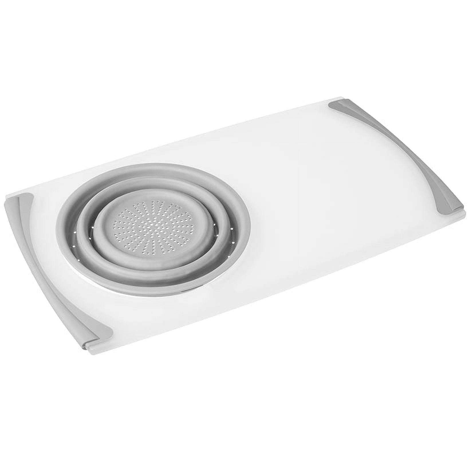 White and Gray Rectangular Plastic Over-the-Sink Cutting Board with Colander