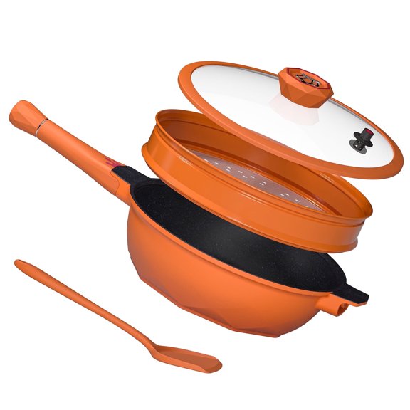 Nonstick 11-inch Wok Pan with Lid - Deep Frying Pan for Versatile Cooking and Easy Cleanup(Tangerine)