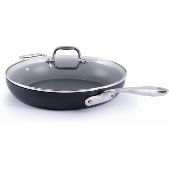 Nonstick 12-Inch Chef's Frying Pan with Tempered Glass Lid, Stay-Cool Ergonomic Handle, Dishwasher-Friendly, Oven-Safe Up to 350 ° F, Induction, Compatible with All Cooktops, Black