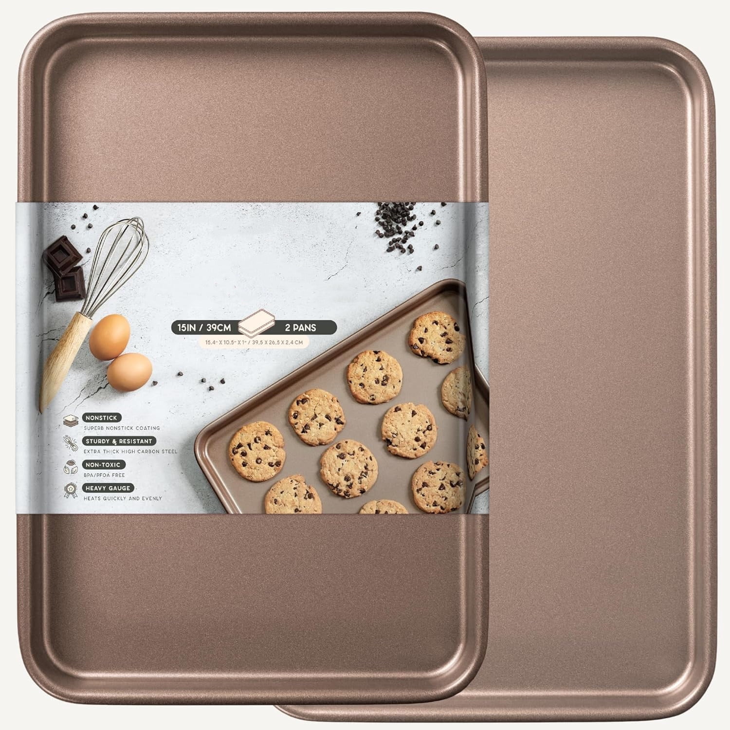 Nonstick 15x10 inch Baking Sheet Set of 2 | PFOA & BPA Free Non Toxic Carbon Steel 10x15 inches Cookie Sheets | Best Non stick Oven Cooking Pans & Jelly Roll Pan | Best Nontoxic Baking Trays