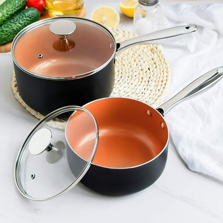 Nonstick 1Qt & 2Qt Copper Sauce Pan Set with Lid, Small Pot with Lid, Ceramic Nonstick Saucepan Set, Small Sauce Pots
