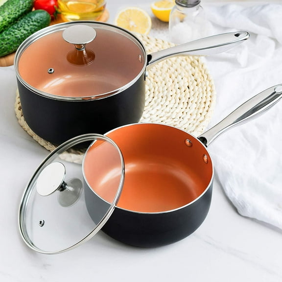 Nonstick 1Qt & 2Qt Copper Sauce Pan Set with Lid, Small Pot with Lid, Ceramic Nonstick Saucepan Set, Small Sauce Pots
