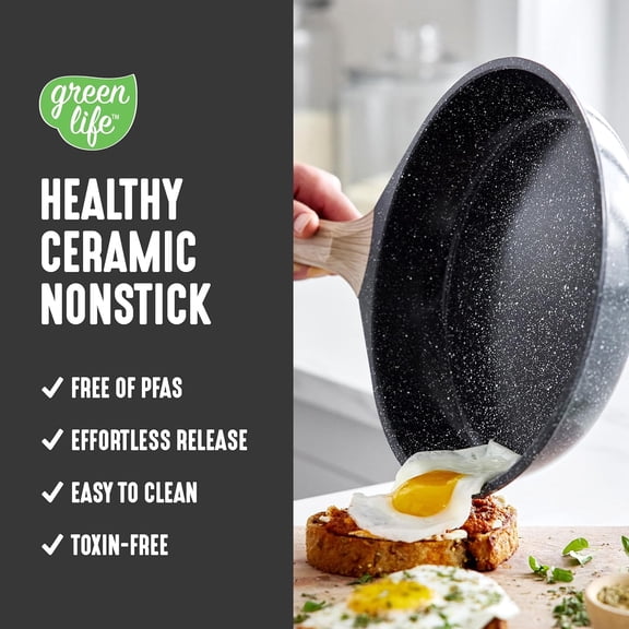 Nonstick 2 Piece Frying Pan Set, 9.5" & 11" Skillets Ceramic PFAS- Nontoxic, Induction Suitable, Wood Print Handles, Stay-Cool Handles, Deep Cooking Skillets, Pan, Granite Black