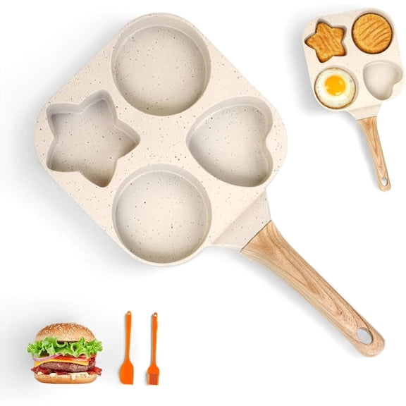 Nonstick 4 Cup Divided Grill Skillet 7.5 Inch Healthy Granite Egg Frying Pan with Anti Scald Handle Ideal for Cooking Eggs Pancakes Bacon Perfect for Breakfast with 2 Oil Brushes