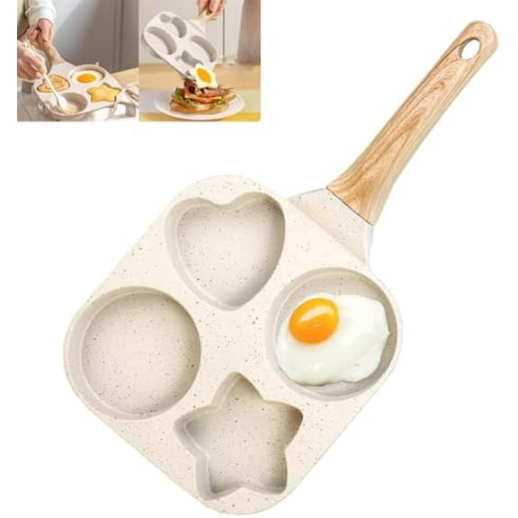 Nonstick 4-Cup Granite Egg Pan, 7.5" Breakfast Skillet for Eggs, Bacon, Pancakes - All Stoves, Anti-Scald Handle (White)