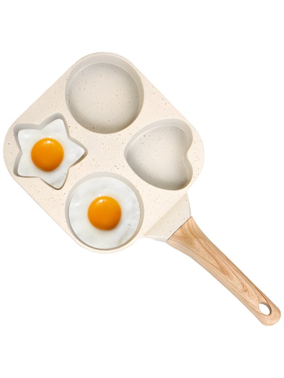 Nonstick 4 Egg Frying Pan, Heart Star Shaped Breakfast Skillet, Quick Heating Aluminum Cookware with Wooden Handle, Ideal for Family Breakfast