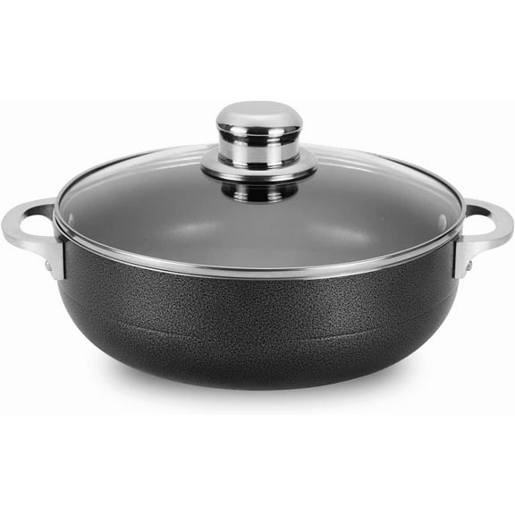 Nonstick Aluminum Caldero with Glass Lid Riveted Handle | Durable Cookware for Stews, Rice More | Easy Cleanup, Black
