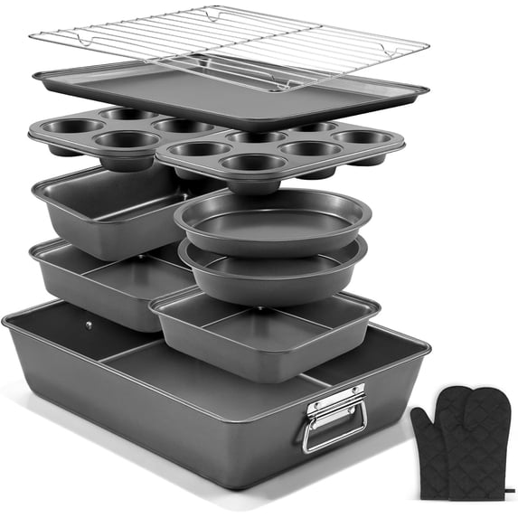 Nonstick Bakeware Set, Carbon Steel Baking Pans with Wider Grip, Includes Roasting Pan, Cookie Sheet, Cake Pans, Muffin Pans, Cooling Rack, Oven Mitts, Easy Release