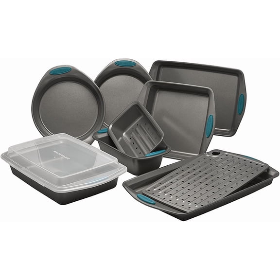 Nonstick Bakeware Set with Grips includes Nonstick Bread / Baking Pans, Cookie / Baking Sheet and Cake Pans - 10 Piece, Gray with marine blue grips