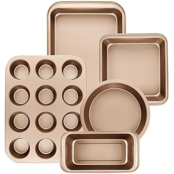 Nonstick Baking Pans Set, 5-Piece Kitchen Baking Sheets for Oven, Bakeware Sets with Round/Square Cake Pan, Muffin Pan, Loaf Pan, Roast Pan, Cookie Sheet Set Baking Supplies (Champagne Gold)