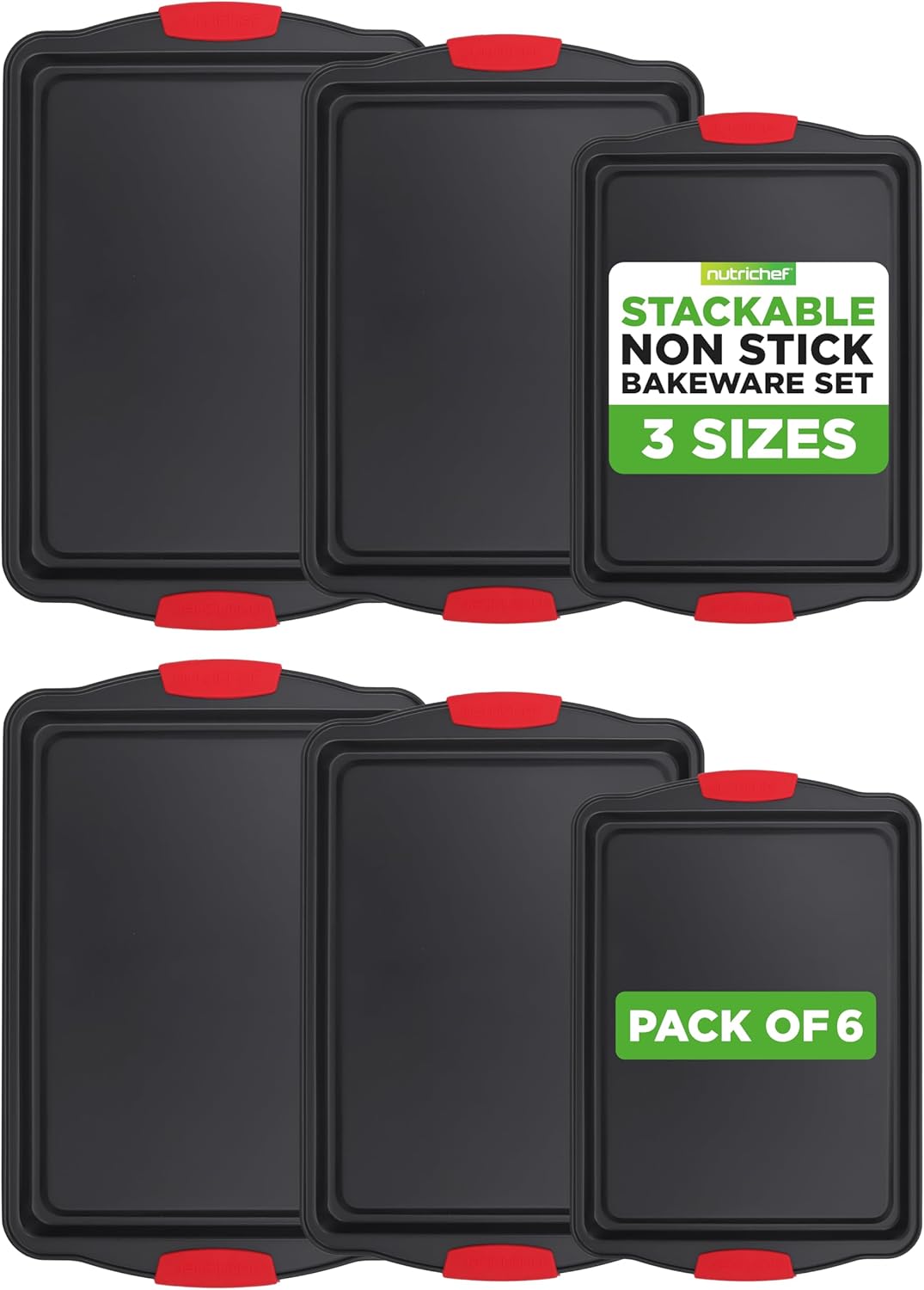 Nonstick Baking Pans Set – Premium Cookie Sheets for Baking, Carbon Steel Stackable Baking Trays with Red Silicone Handles, Oven Safe Pans for Cookies, and Cakes, Dishwasher Safe (6 Pack)