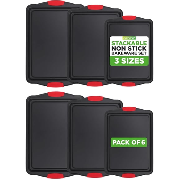 Nonstick Baking Pans Set  Premium Cookie Sheets for Baking, Carbon Steel Stackable Baking Trays with Red Silicone Handles, Oven Safe Pans for Cookies, and Cakes, Dishwasher Safe (6 Pack)