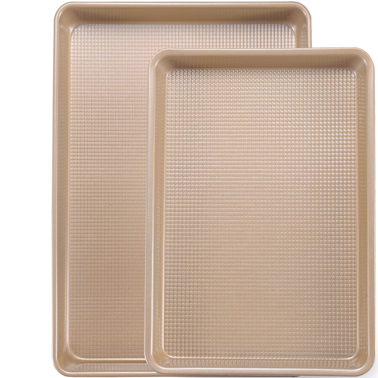 Nonstick Baking Sheet Pan Set 2 Pack Heavy Duty 0.8mm Quarter and Jelly Roll Sizes with Diamond Texture Oven Safe Gold Finish