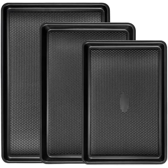 Nonstick Baking Sheet Pan Set of 3, Heavy Duty Cookie Sheets for Oven with Diamond Texture Pattern, 0.8mm Thick Quarter/Half/Jelly Roll Pans, Rust-Resistant & Easy Clean (Black)