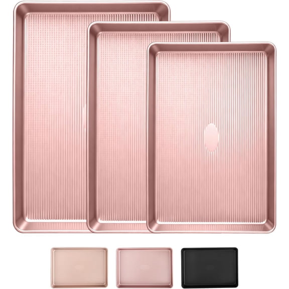 Nonstick Baking Sheet Pan Set of 3, Heavy Duty Cookie Sheets for Oven with Stripe Texture Pattern, 0.6mm Thick Quarter/Half/Jelly Roll Pans, Rust-Resistant & Easy Clean (Pink)
