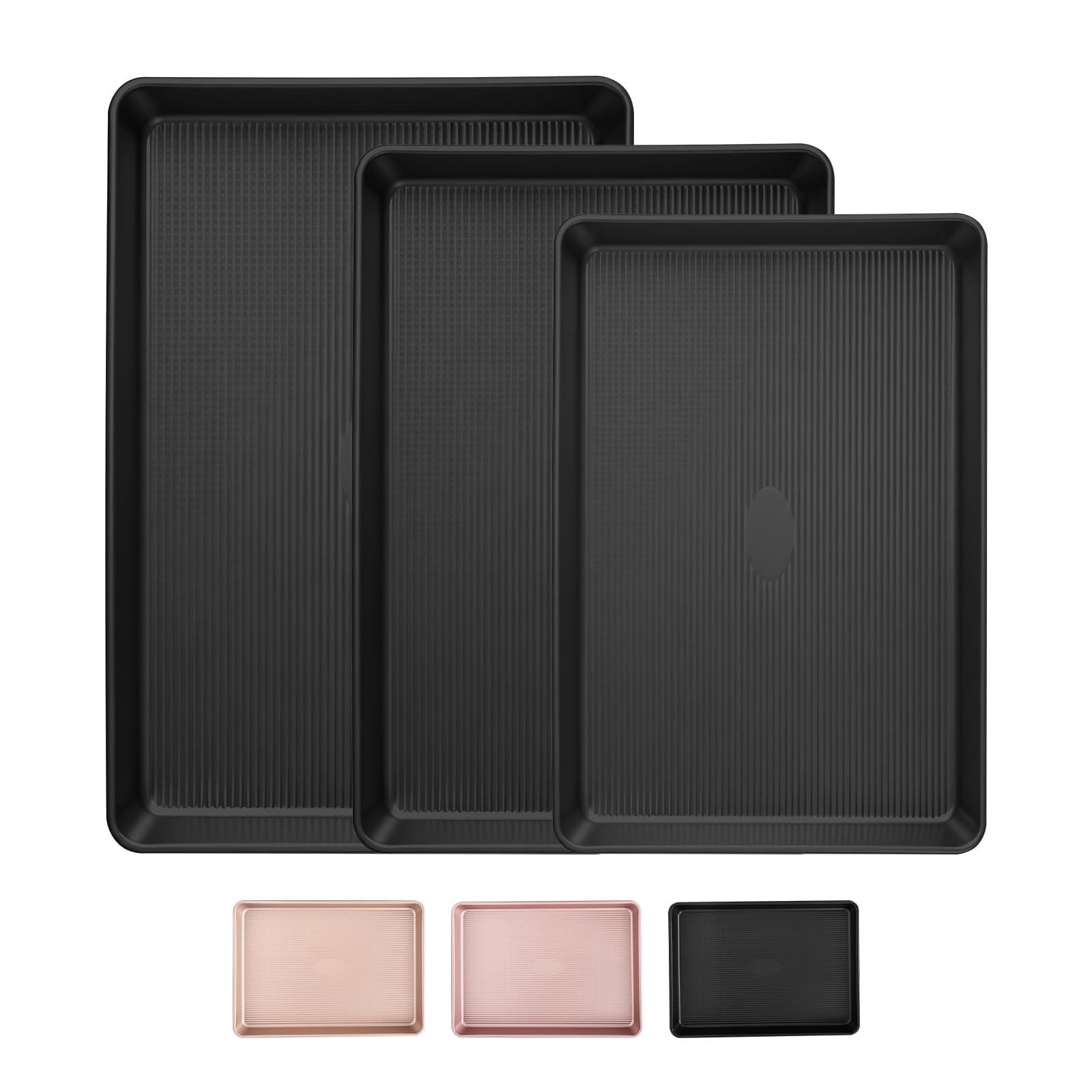 Nonstick Baking Sheet Pan Set Of 3  Heavy Duty Cookie Sheets For Oven With Stripe Texture Pattern 0.6mm Thick Quarter/half/jelly Roll Pans Rust-resistant & Easy Clean (black)