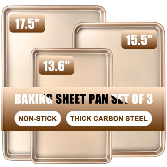 Nonstick Baking Sheets Set of 3, Half Sheet, Quarter Sheet, Jelly Roll Pan, Cookie Baking Pan for Oven, Toaster Oven, Roasting, Cooking, Heavy Duty, Champagne Gold