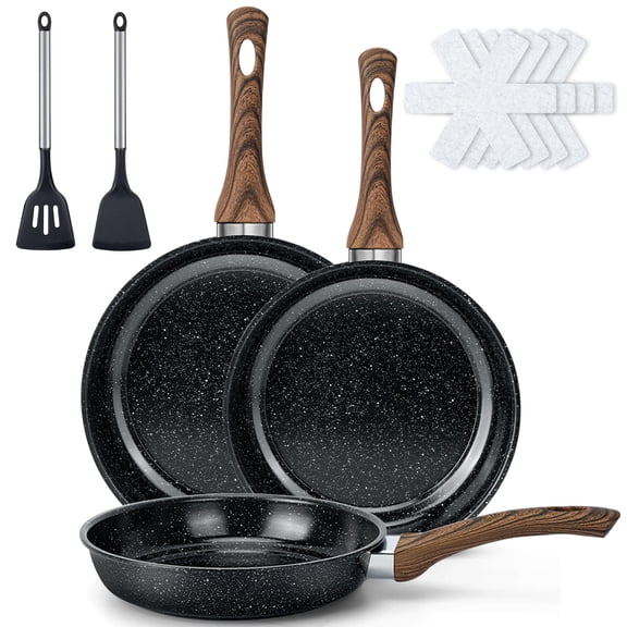 Nonstick Carbon Steel Wok Set Black 9P, 3 Sizes 8/10/12 Inch For Home Daily Cooking