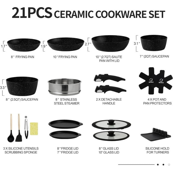 Nonstick Ceramic Cookware Set 21PCS with Detachable Handle, Oven Safe, Induction Ready, Black