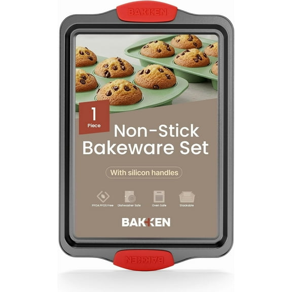 Bakken- Swiss Nonstick Cookie Sheet Pan Carbon Steel Oven Tray Sheet Pan with Red Silicone Handles -Medium Bakeware Pan Tray with Gray Coating Inside & Outside
