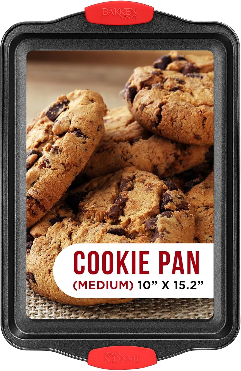 Medium Nonstick Carbon Steel Cookie Sheet Pan with Red Silicone Handles