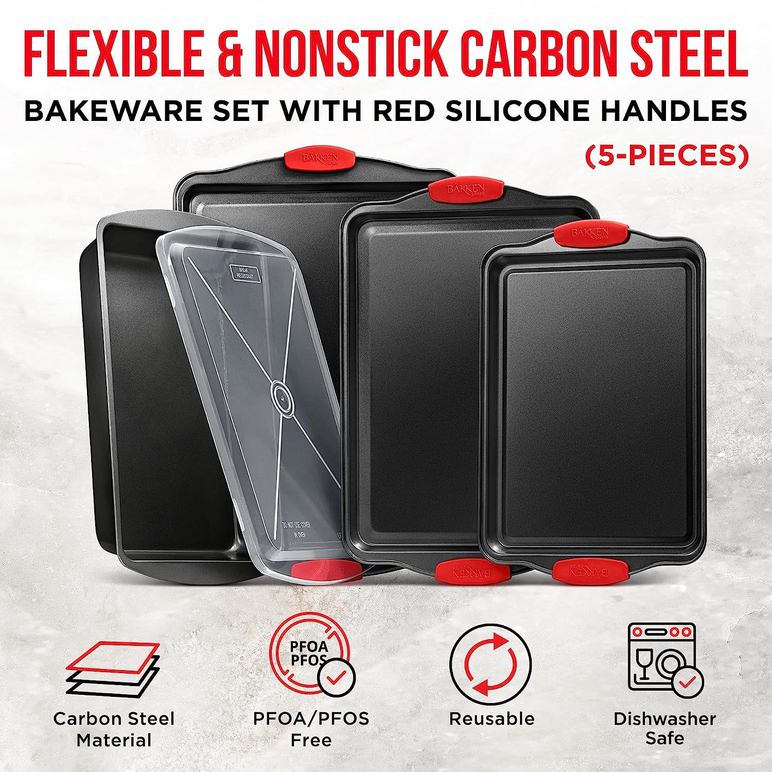Bakken- Swiss Nonstick Cookie Sheet Pans Set of 5 - Professional Quality Carbon Steel Baking Sheet Trays with Gray Coating – Small, Medium, Large Pans, Roaster Pan, and Plastic Lid