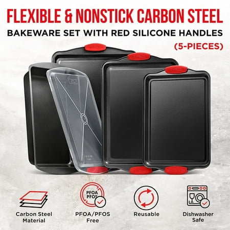 Bakken- Swiss Nonstick Cookie Sheet Pans Set of 5 - Professional Quality Carbon Steel Baking Sheet Trays with Gray Coating – Small, Medium, Large Pans, Roaster Pan, and Plastic Lid