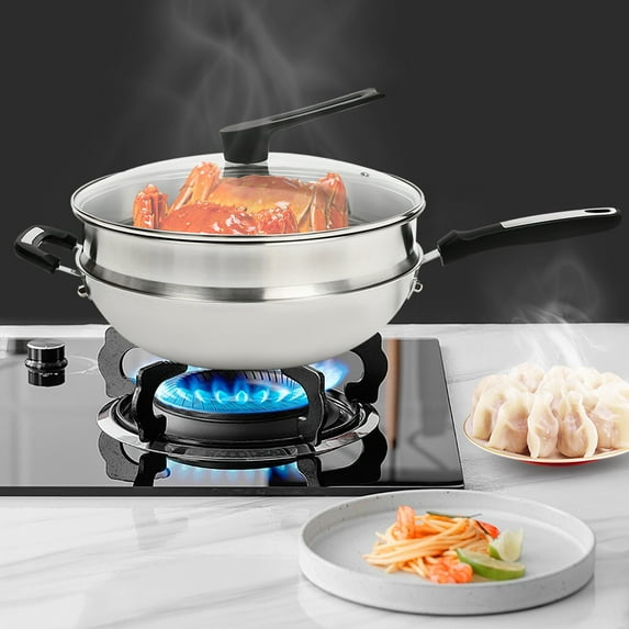 Nonstick Cooking Honeycomb Wok Pan w/Lid Steamer Pot Gas Cooktop Stainless Steel
