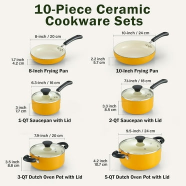 Nonstick Ceramic Cookware Set, 10-Piece Kitchen Pots and Pans with Lids, Yellow