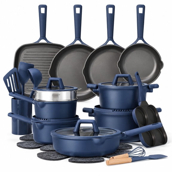 Nonstick Cookware Set, Titanium Reinforced 31pcs Pots and Pans Set, Blue Aluminum, Induction Compatible