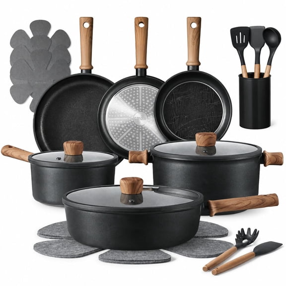 Nonstick Cookware Set, Titanium Reinforced Aluminum Pots and Pans, 21 Pieces, Black