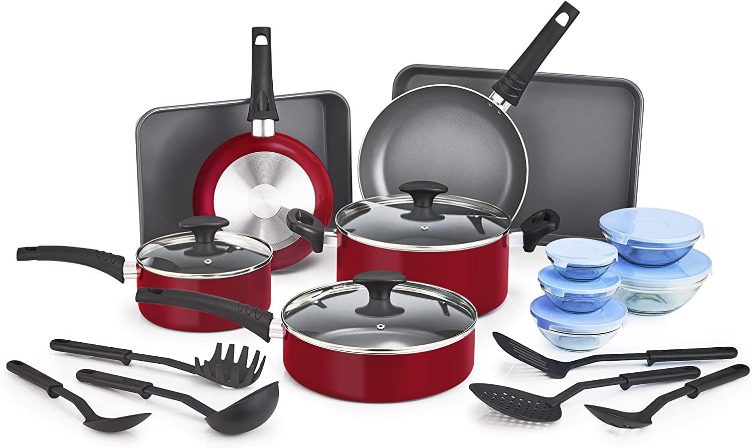 OSQI Nonstick Cookware Set with Glass Lids - Aluminum Bakeware, Pots and  Pans, Storage Bowls & Utensils, Compatible with All Stovetops, 21 Piece,  Red