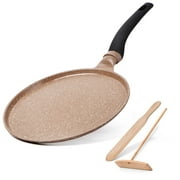 Nonstick Crepe Pan, Clatine 11 inch Granite Cookware Egg Pancake Pan, Flat Skillet Grill Fry Pan for Dosa Tawa, Tortillas, Omelette Induction Bottom for Glass Ceramic Gas Stove Top, Brown