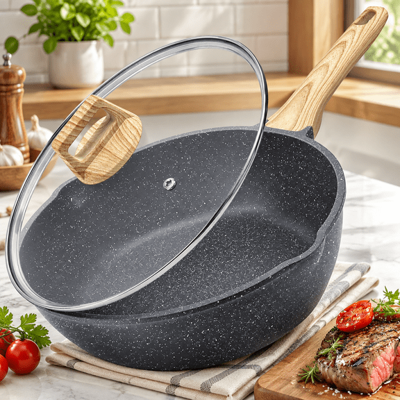Nonstick Deep Frying Pan - 11 Inch Saute Pan with Lid Granite Induction Cookware, 4.5Qt Non Stick Woking Pan Skillet, PFOA PFOS APEO Free, Grey