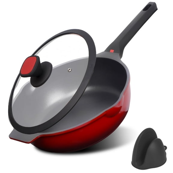 Nonstick Deep Frying Pan with Lid and Silicone Clamp, 11" Non Stick Stir-Fry and Wok Pan Kitchen Cookware Red Skillet for Gas, Induction, Electric, Halogen Flat Stoves