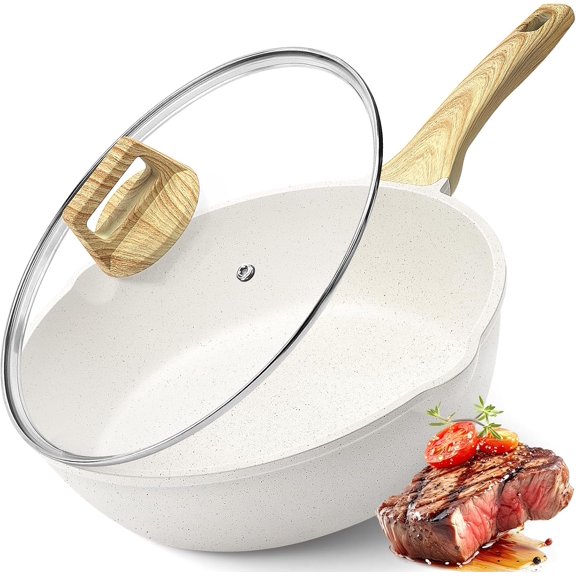 Nonstick Deep Frying Pan Skillet, 9.5" Saute Pan with Lid, Granite Induction Cookware Non Stick Cooking Pan, PFOA PFOS APEO Free, White