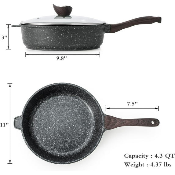 Nonstick Deep Frying Pan with Lid, 11 Inch Non Stick Skillet for Healthy Cooking