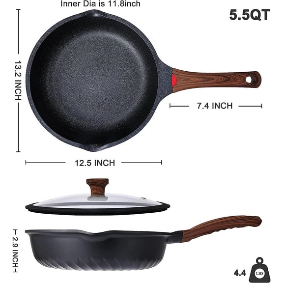 Nonstick Deep Frying Pan with Lid, 12in/5.5Qt, German Ceramic Coating, Heat Indicator, Induction Compatible