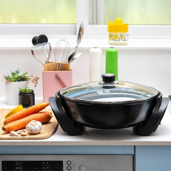 Nonstick Electric Skillet With Lid, 12x12 Inch Aluminum Cooking Pan, Adjustable Temperature Control, Vented Glass Lid